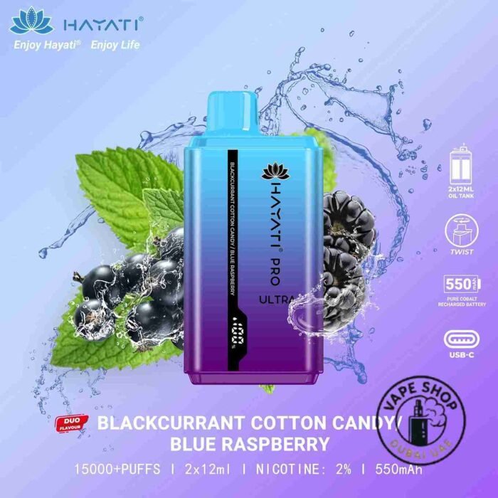 HAYATI Pro Ultra 15000 Puffs 20MG Disposable Vape Price in Dubai Blackcurrant Cotton Candy & Blue Raspberry_1_11zon