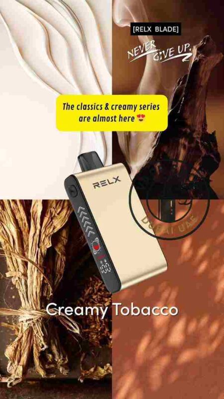 Relx Blade 50mg Nicotine review image showing the Creamy Tobacco flavour
